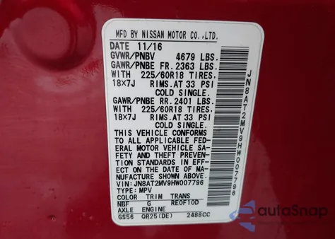 2017 Nissan Rogue Sl z USA, uszkodzony, nr VIN JN8AT2MV9HW007796